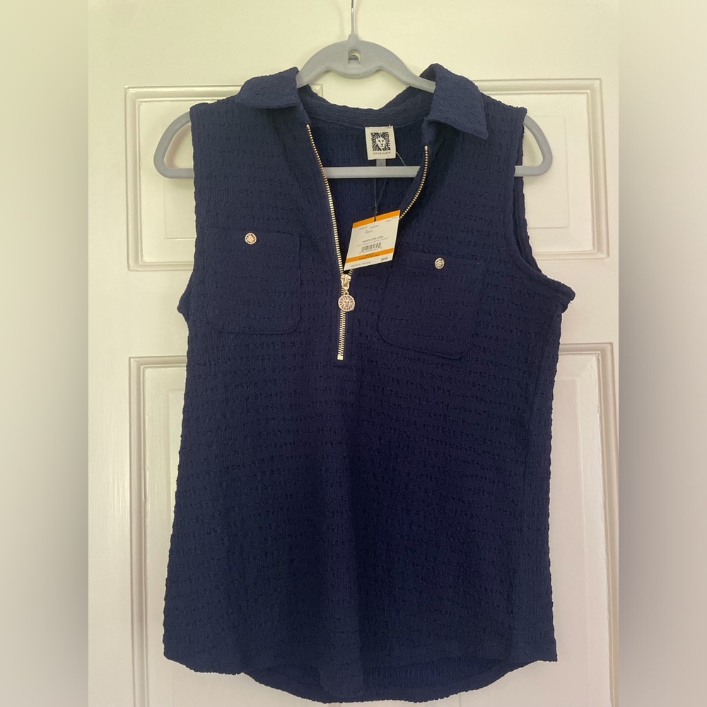Anne Klein Blue Ribbed Sleeveless Polo Tank